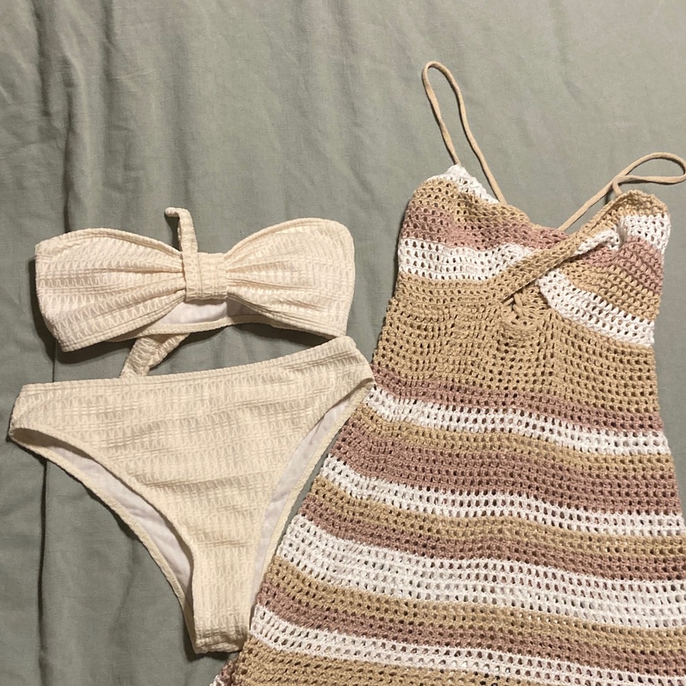 SHEIN Cream and Tan Crochet Swim Coverup